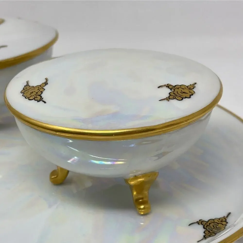 RS Tillowitz Silesia Dresser Set Opalescent Footed Hair Receiver Powder Jar Tray